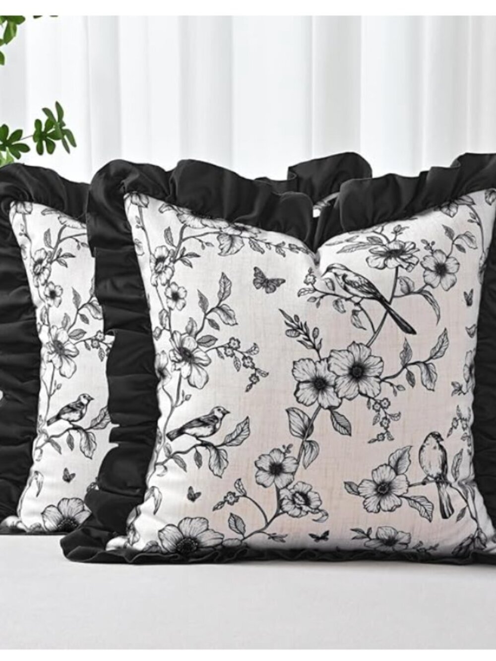 NEW Ruffle Black Floral Pillow Covers 2 Pack